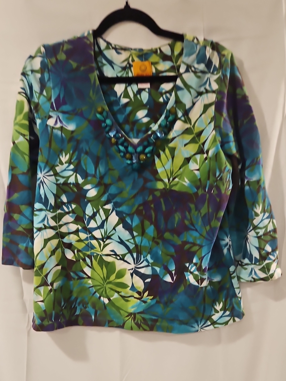 Ruby Rd. Blue, Teal & Green Floral V-Neck Beaded Top